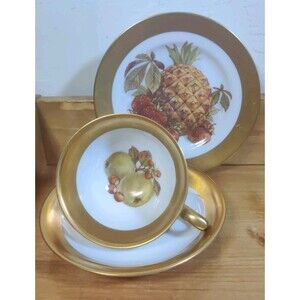 Vtg 3-pc Westminster Australia Trio Cup Saucer Plate Nuts Fruit Leaves Gold Rim